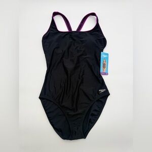 Speedo Women's Ultraback One-Piece Swimsuit Black/Purple Sz 14 NWT Strap Design